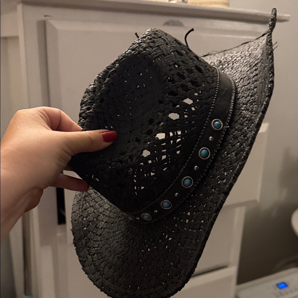 Peter Grimm Black Straw Cowboy Hat with Turquoise Stud Accents